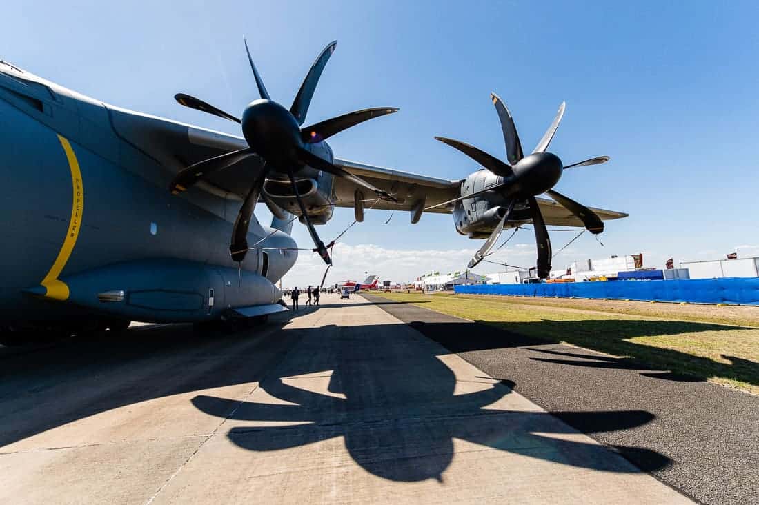 Image of the wing of a RAF A400M, showing two propellers.